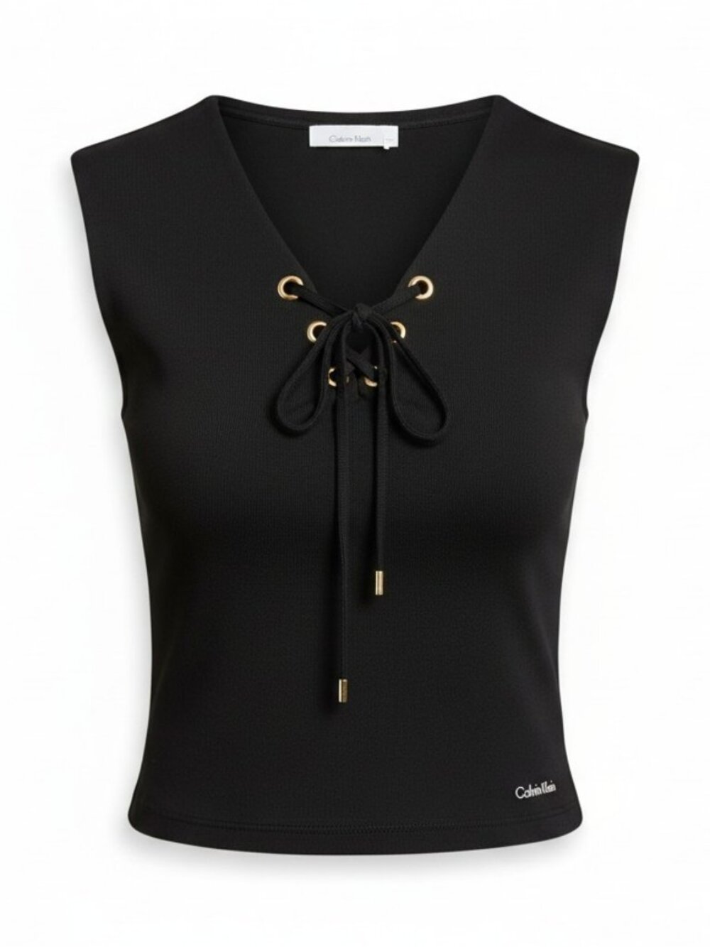 Calvin Klein Black Sleeveless Lace-Up Top Gold Accents Hardware Women's Small